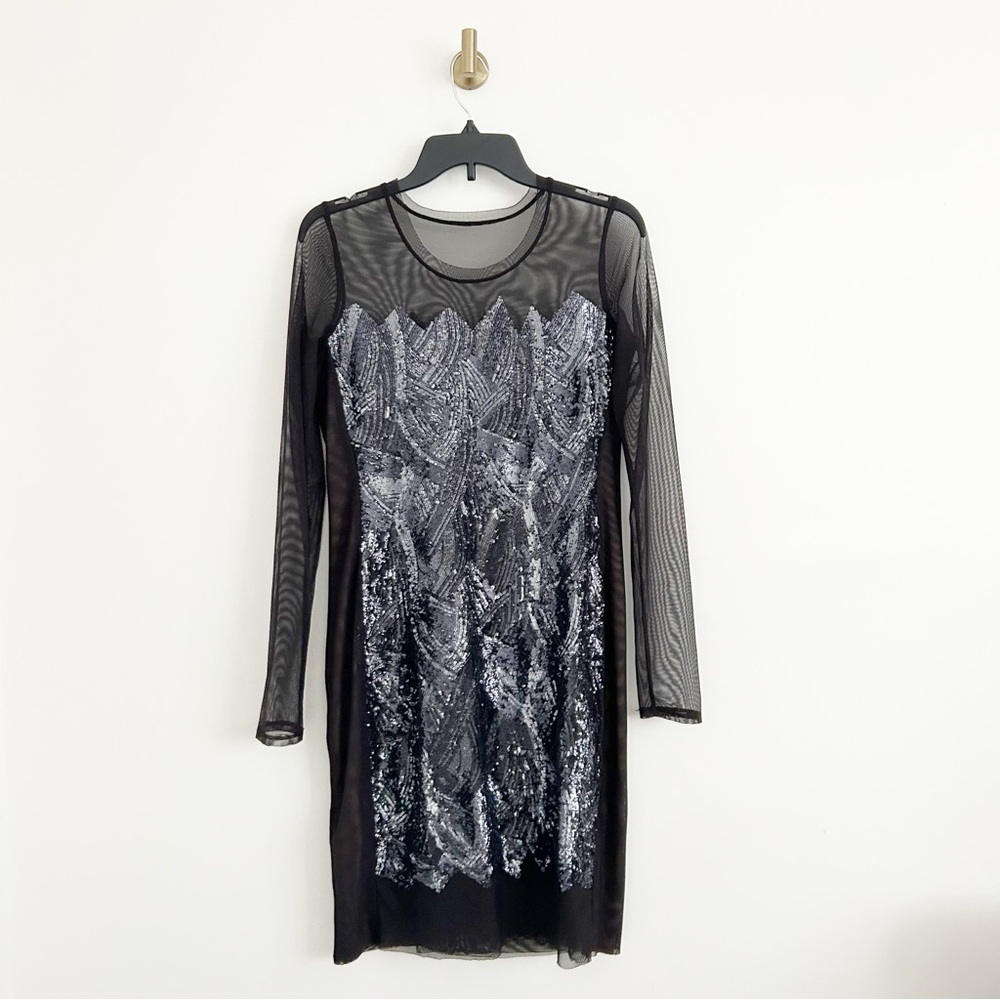 BCBGMaxazria Anaya Long Sleeve Mesh Sequin Cocktail Dress Size Medium - Picture 1 of 8